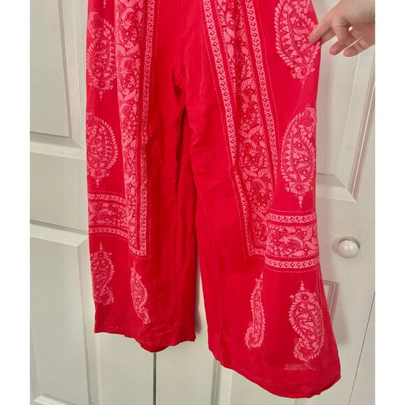 Free People Feel The Sun Jumpsuit Red Paisley Linen Wide Leg Size 0 Orig. $148 - Picture 7 of 10